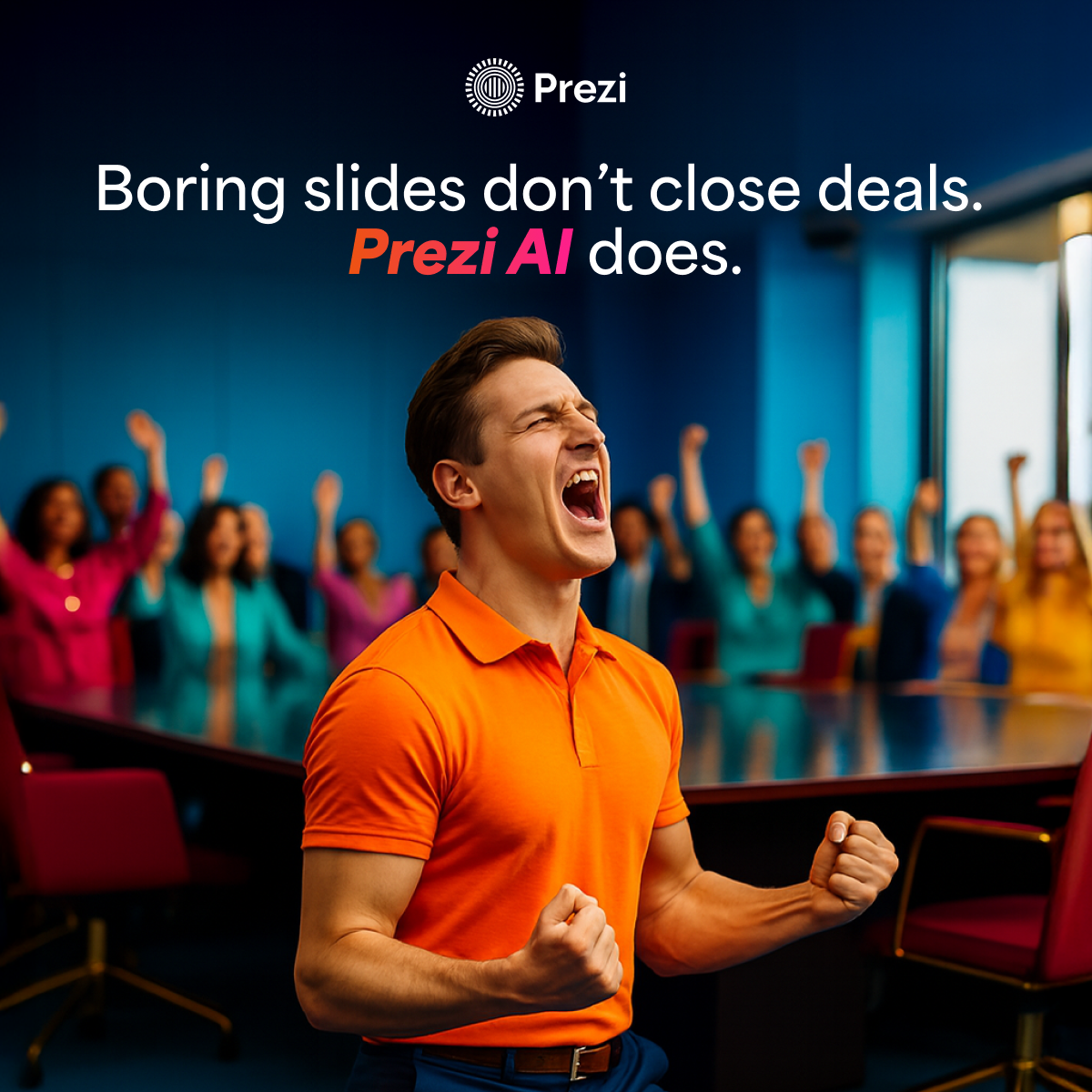 Prezi AI social ad — Boring slides don't close deals